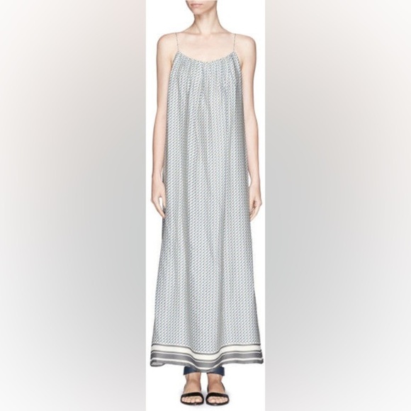 VINCE MAXI 100% SILK DRESS STAR PRINT BORDER CHARCOAL SPAGHETTI STRAP SZ S - Picture 1 of 9